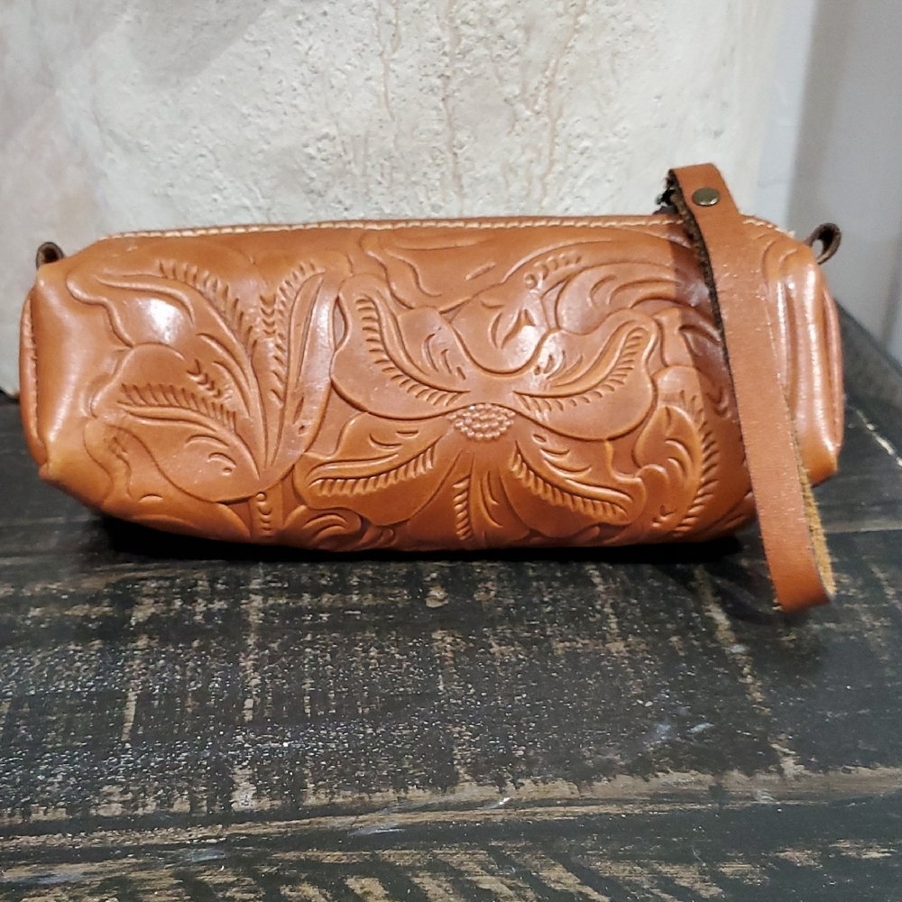 Patricia Nash Floral Embossed Brown Leather Wristlet